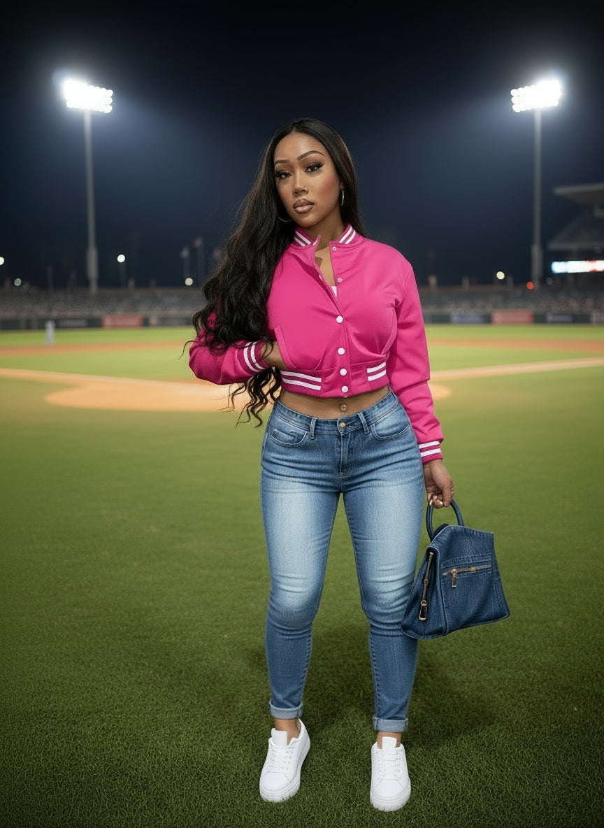 Women's Lady Pink Cropped Varsity Jacket Size/ XXL