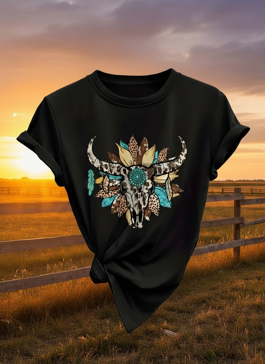 Women's Leopard Cow Skull Print T-shirt Size/ S