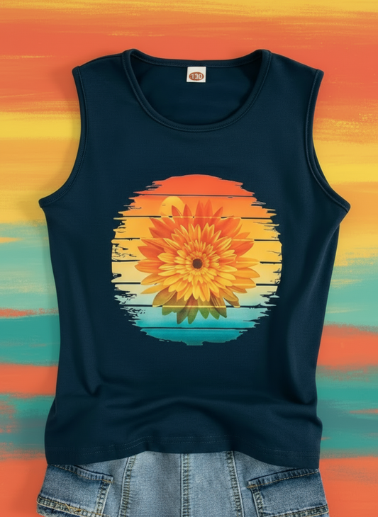 A sleeveless navy blue top with a floral design at the center, displayed on a table alongside sunflowers, a hat, sunglasses, and denim shorts.