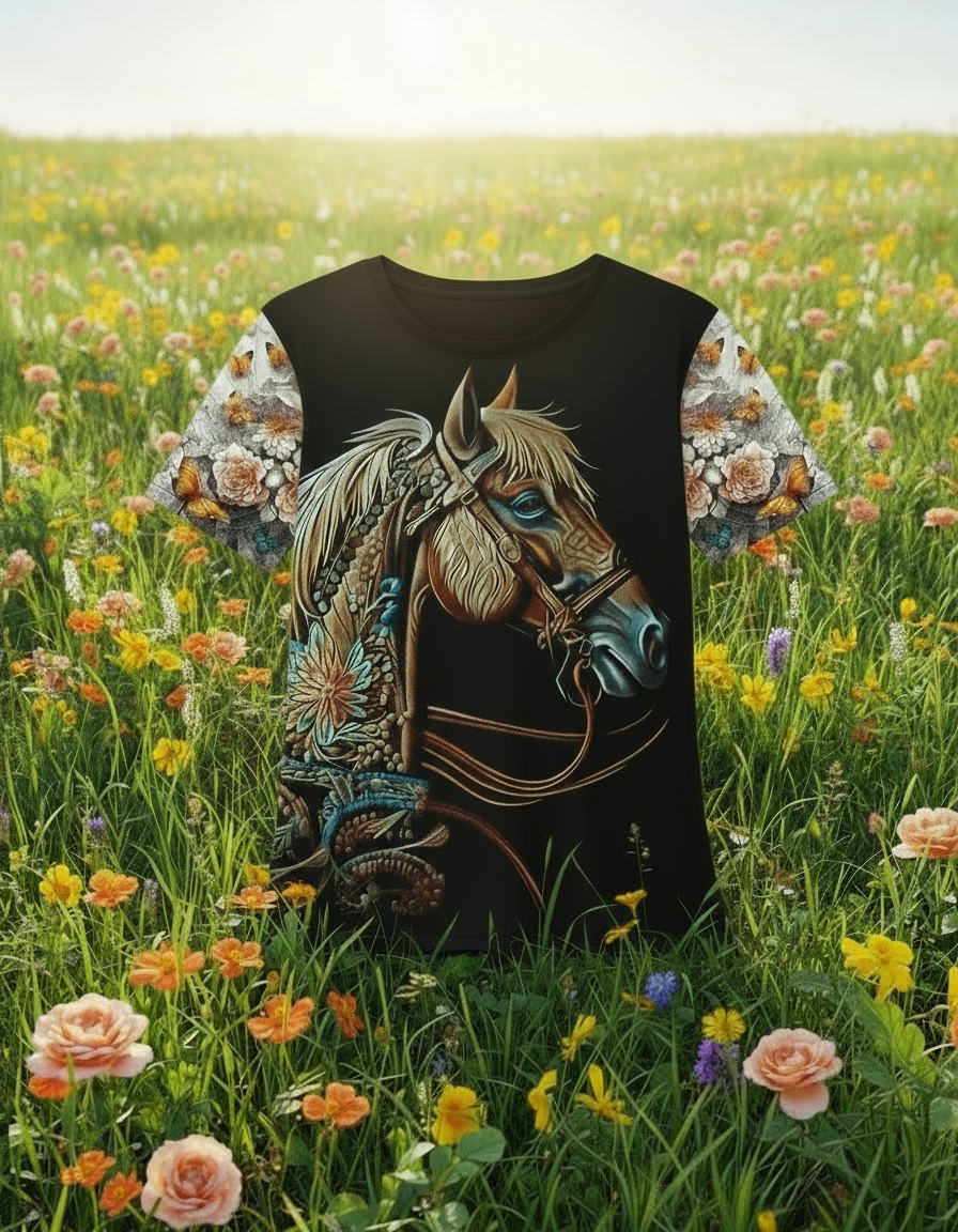 A girl wearing a black t-shirt with an equine (horse) floral sleeve design.