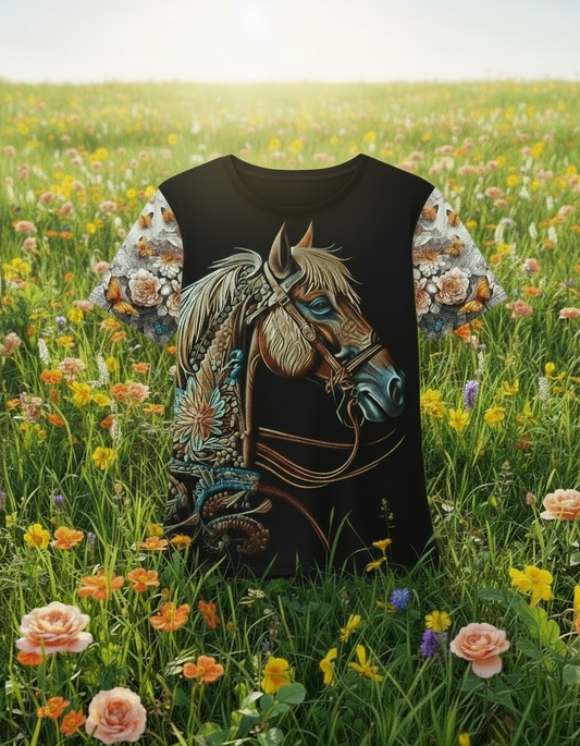 A girl wearing a black t-shirt with an equine (horse) floral sleeve design.